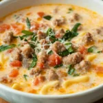 A bowl of creamy Italian sausage soup with tomatoes, spinach, and shredded cheese, served with crusty bread on the side.