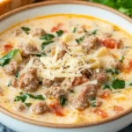 A creamy sausage and vegetable soup garnished with shredded cheese and black pepper, served in a rustic ceramic bowl.
