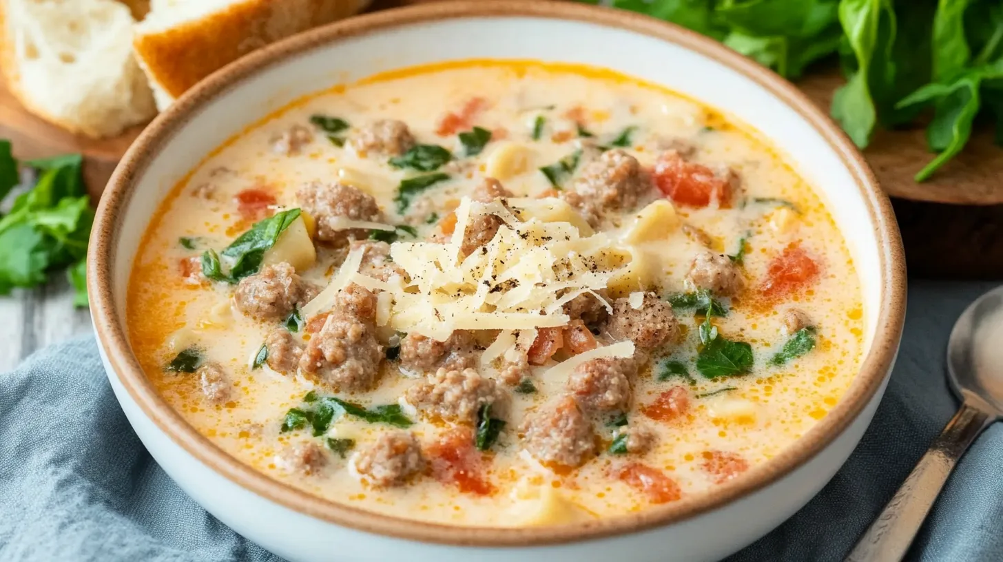 A creamy sausage and vegetable soup garnished with shredded cheese and black pepper, served in a rustic ceramic bowl.