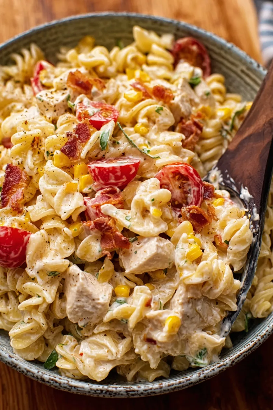 Creamy chicken pasta salad with rotini, cherry tomatoes, corn, and bacon in a bowl
